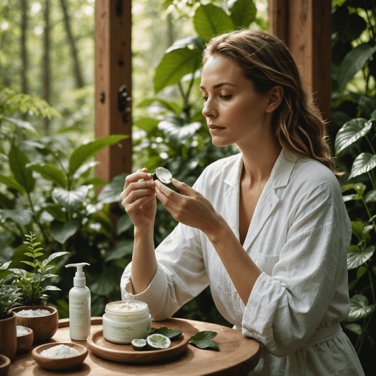 A serene image of a woman applying organic skincare products in a lush, natural setting. The scene is bathed in soft, natural light, emphasizing the connection between beauty and nature.