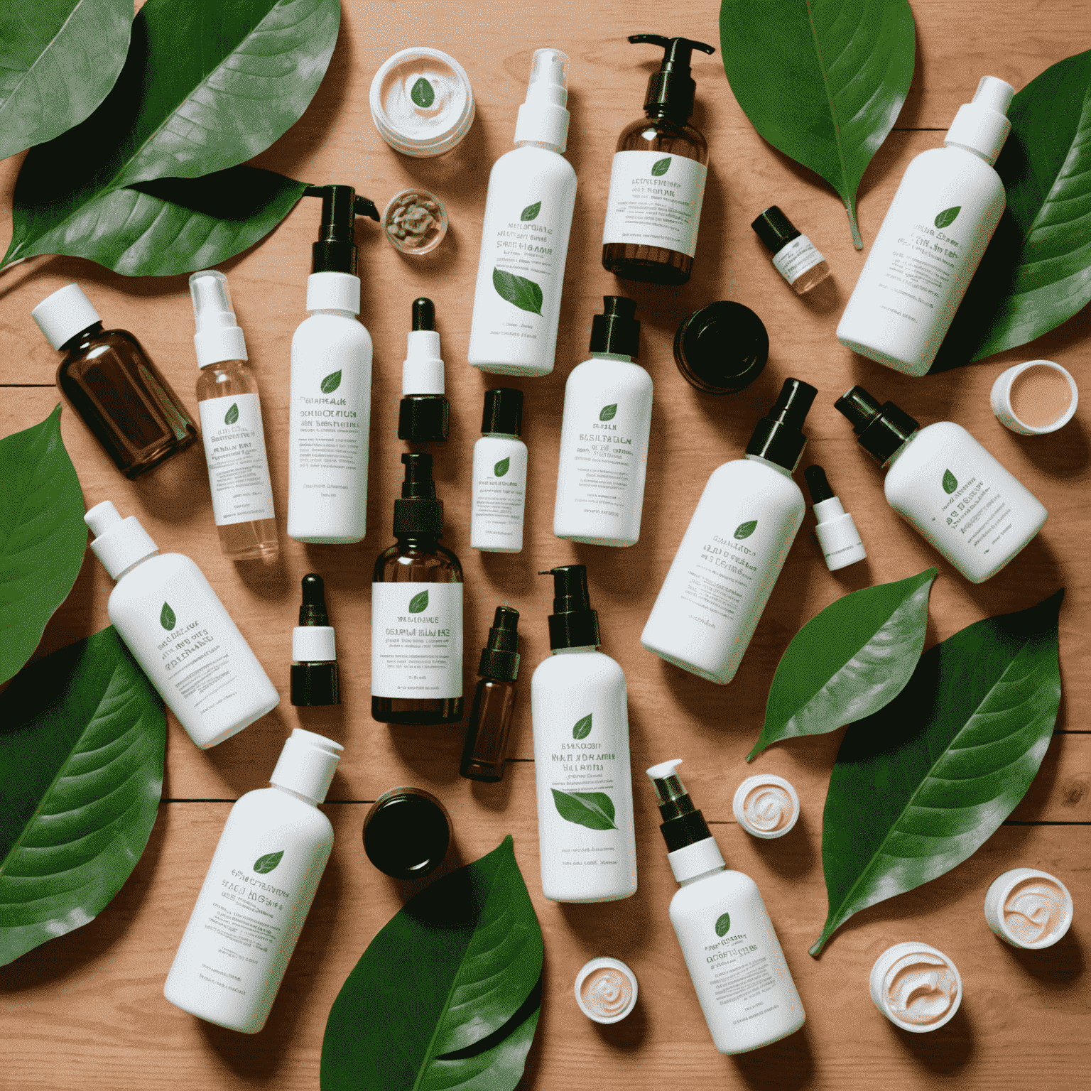 Collage of various skin and hair care products, including serums, moisturizers, and hair masks, arranged aesthetically on a light wooden surface with green leaves for decoration