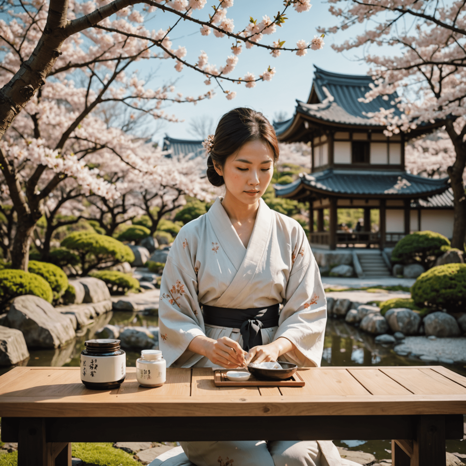 A serene Japanese garden with a woman applying skincare products, surrounded by cherry blossoms and traditional architecture