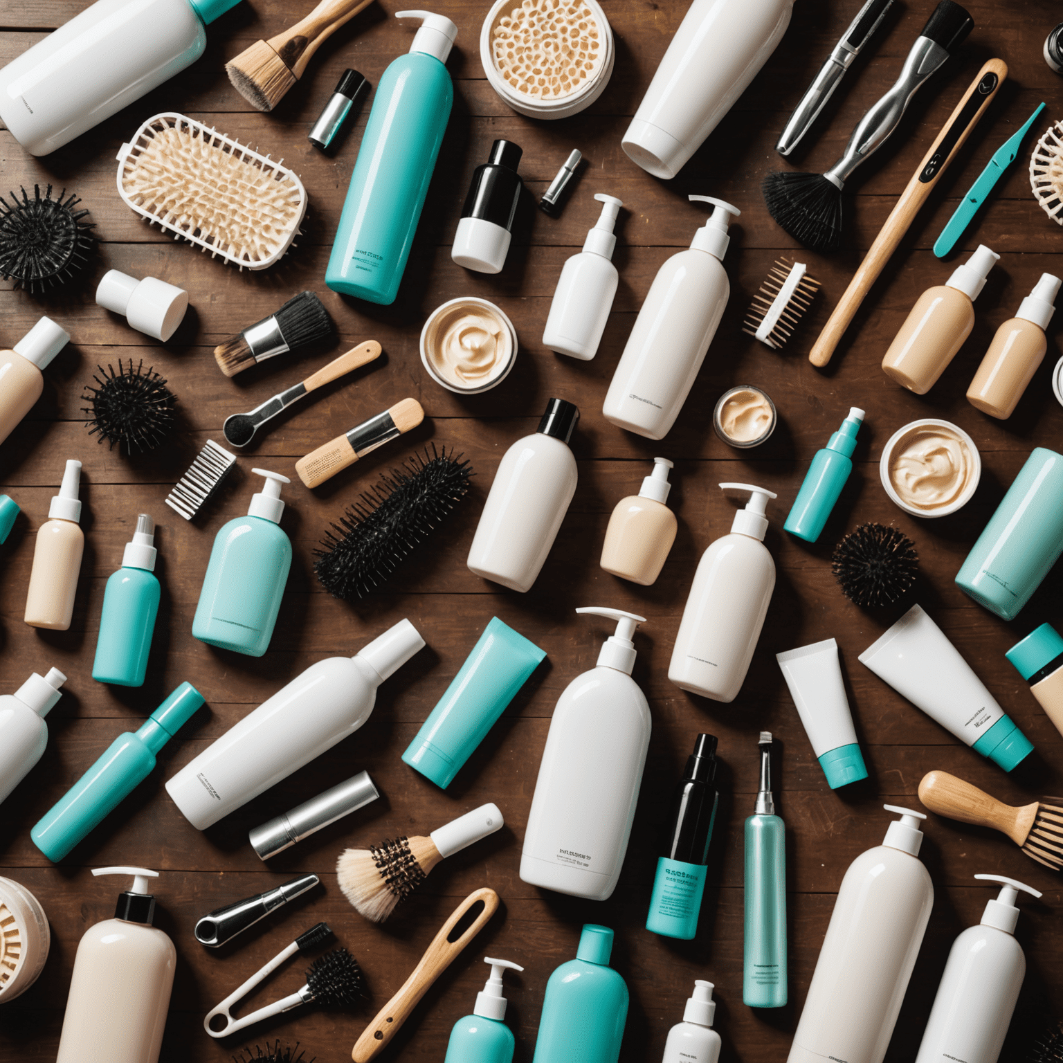 Various hair care products and tools scattered on a wooden surface, including shampoo bottles, conditioners, hair brushes, and heat styling tools