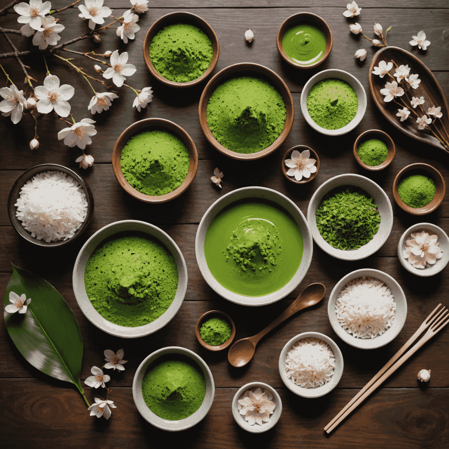 A collection of natural skincare ingredients including matcha powder, rice water, and cherry blossoms arranged on a wooden surface with Japanese-style skincare products