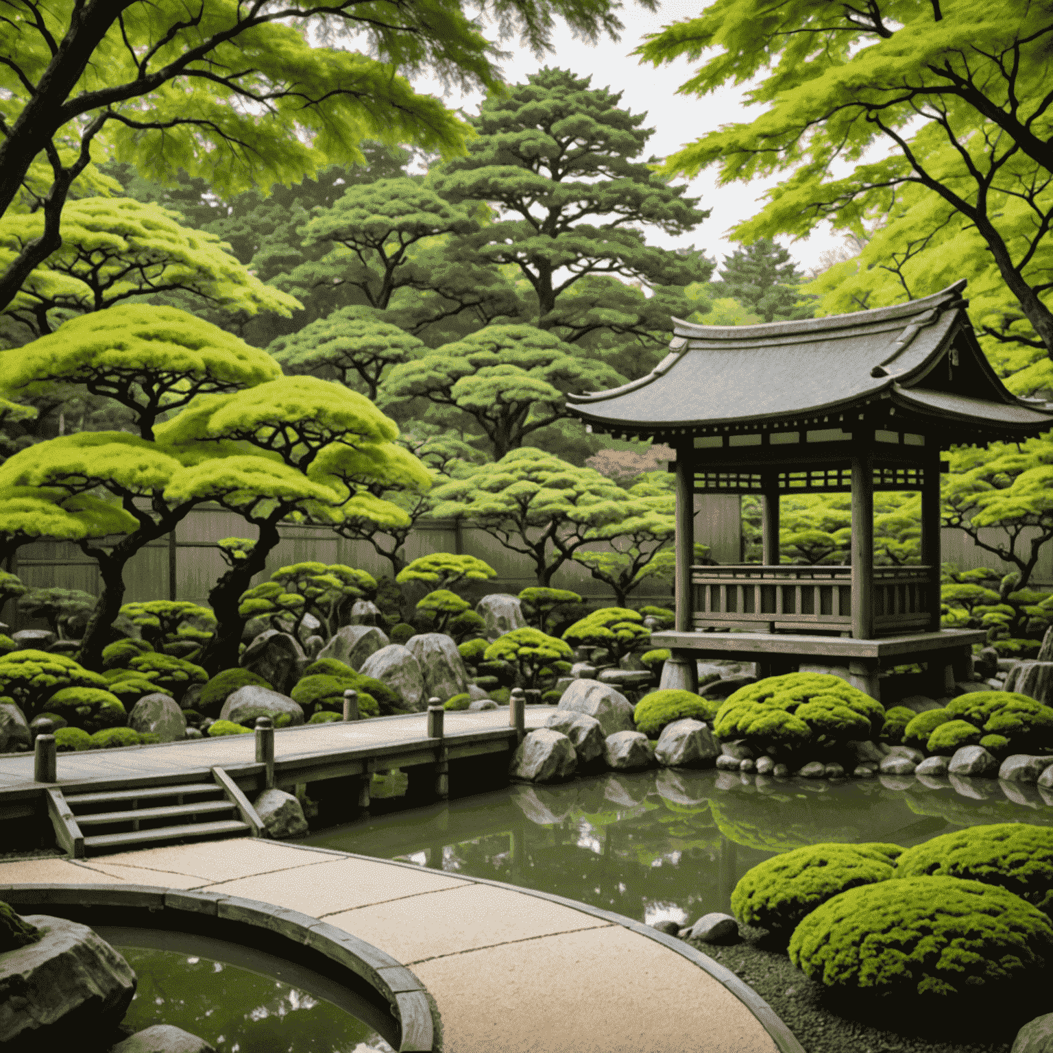 A serene Japanese garden with a traditional wooden structure in the background, symbolizing the blend of nature and innovation in Japanese hair care