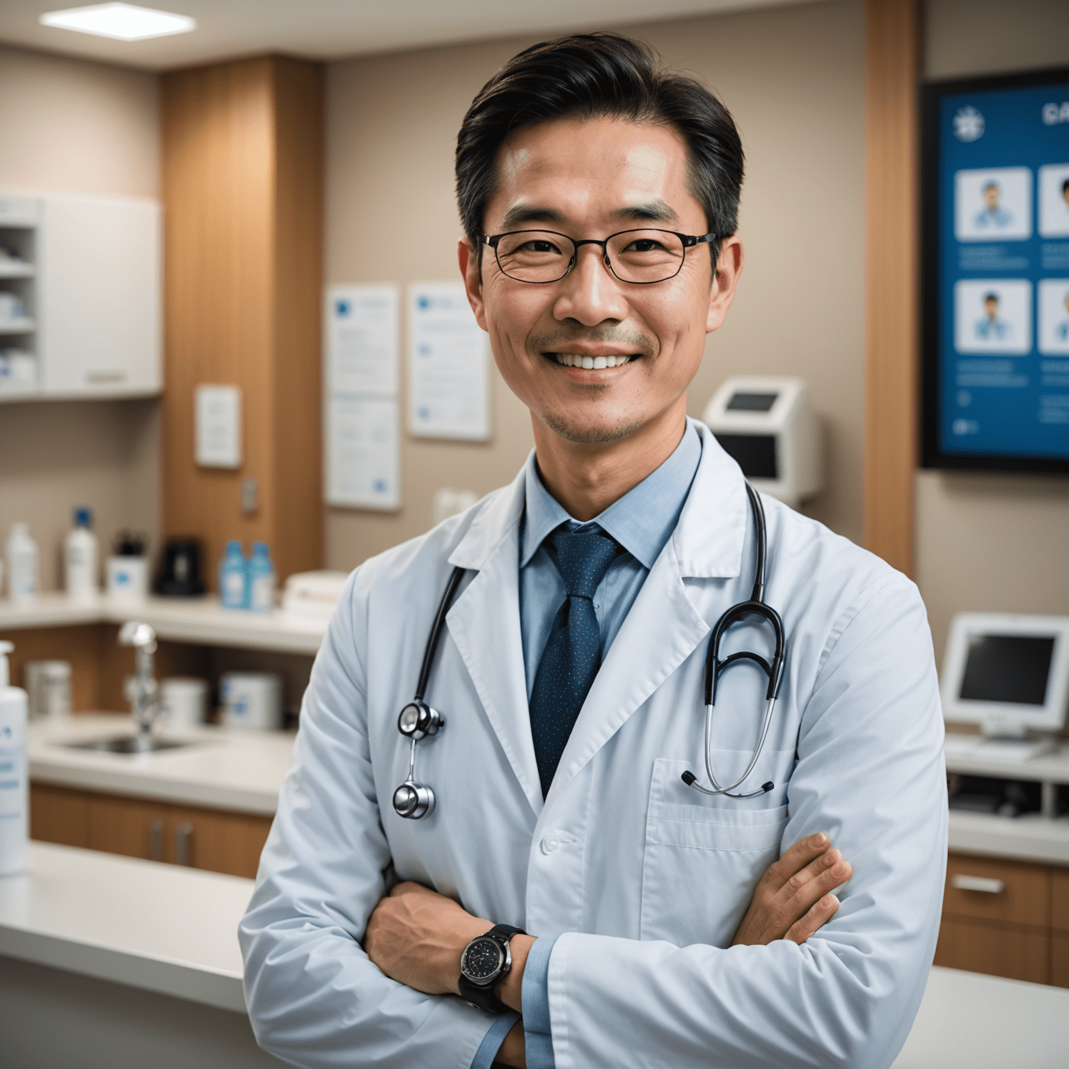 Portrait of Dr. Yuki Tanaka, a Japanese dermatologist with a warm smile, wearing a white coat in a modern clinic setting.