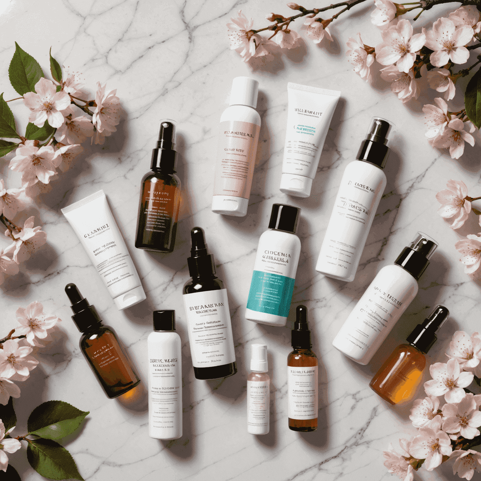 A collage of skincare products including cleanser, toner, serum, moisturizer, and sunscreen arranged on a white marble surface with cherry blossoms