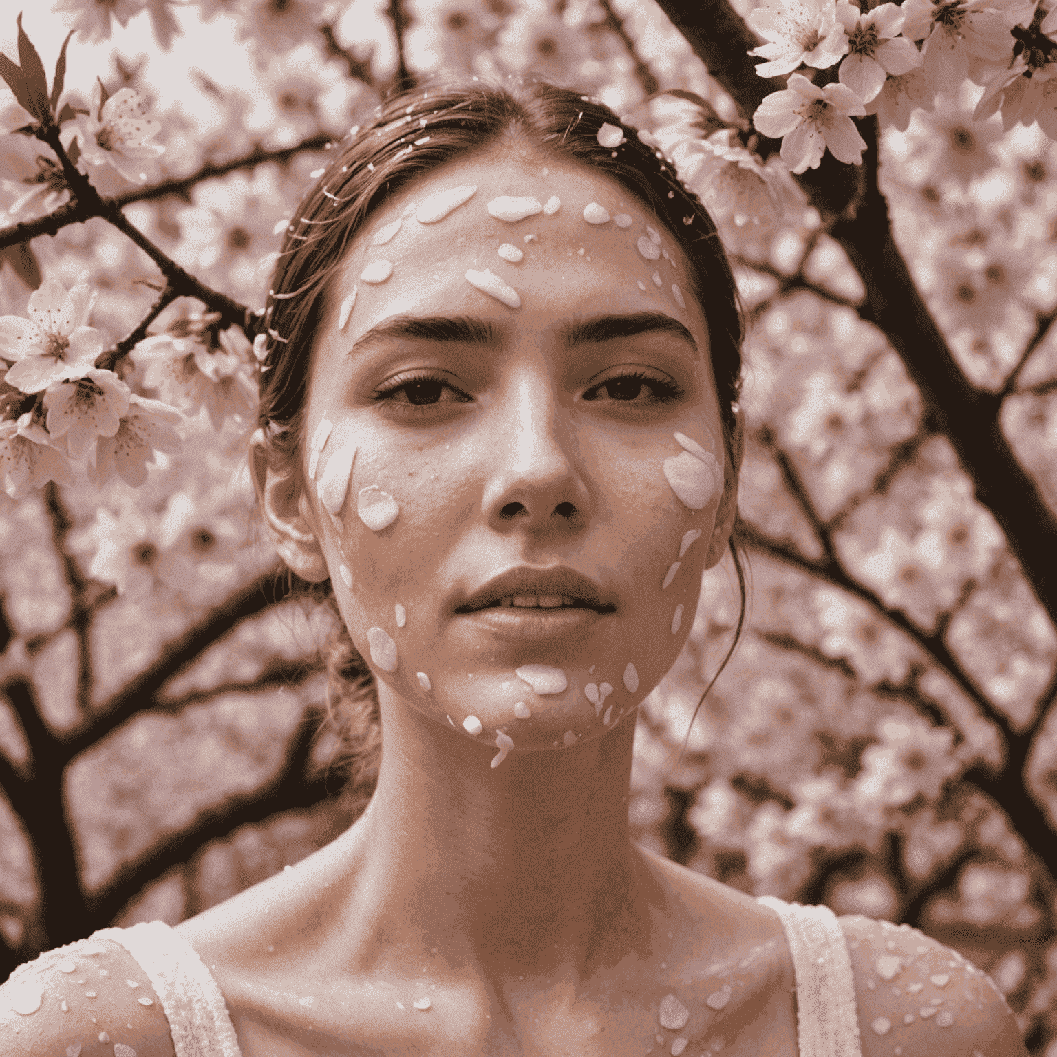 A woman gently cleansing her face with a foamy cleanser, surrounded by cherry blossom petals