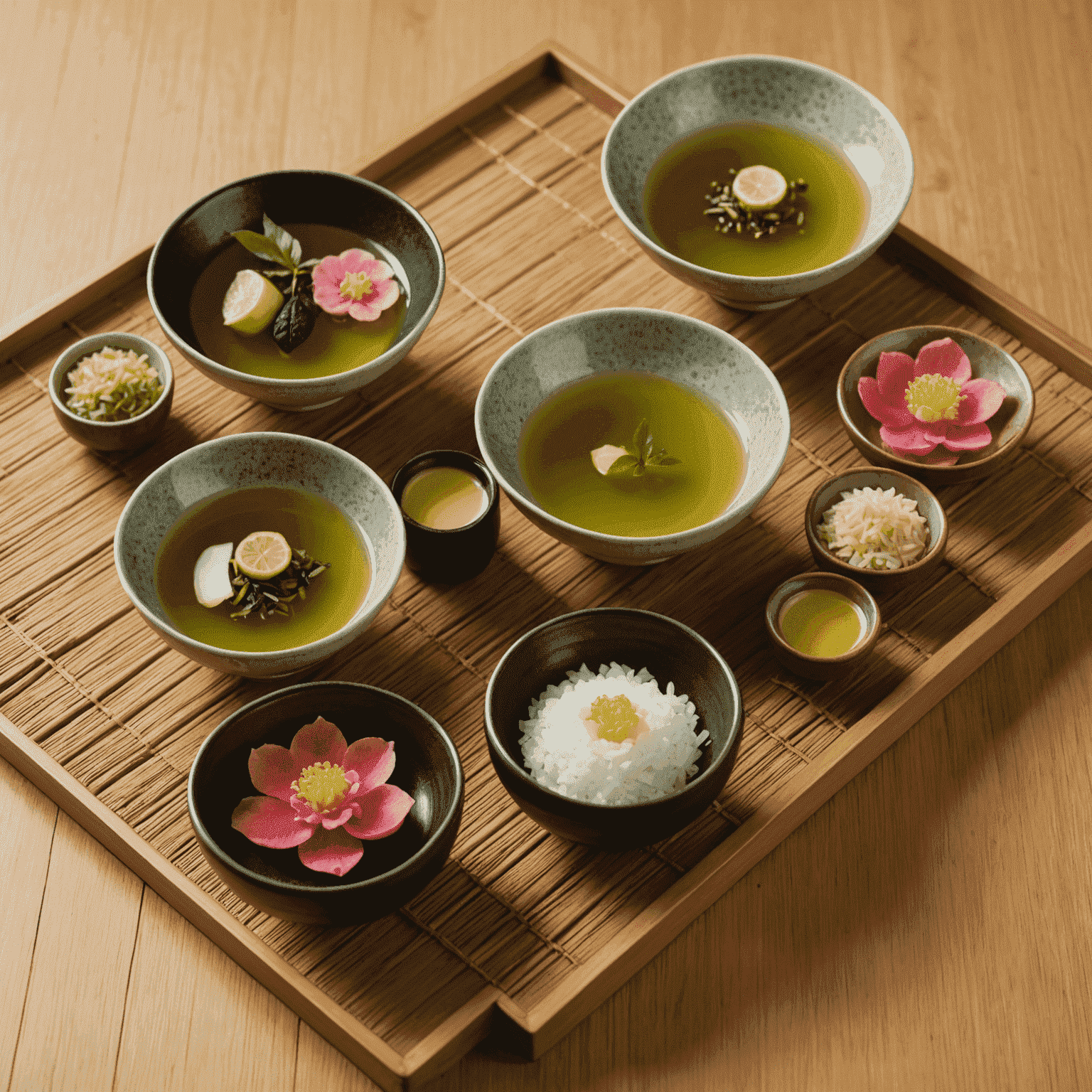 Four small bowls containing green tea powder, rice bran, camellia oil, and sliced yuzu fruit, arranged on a bamboo mat