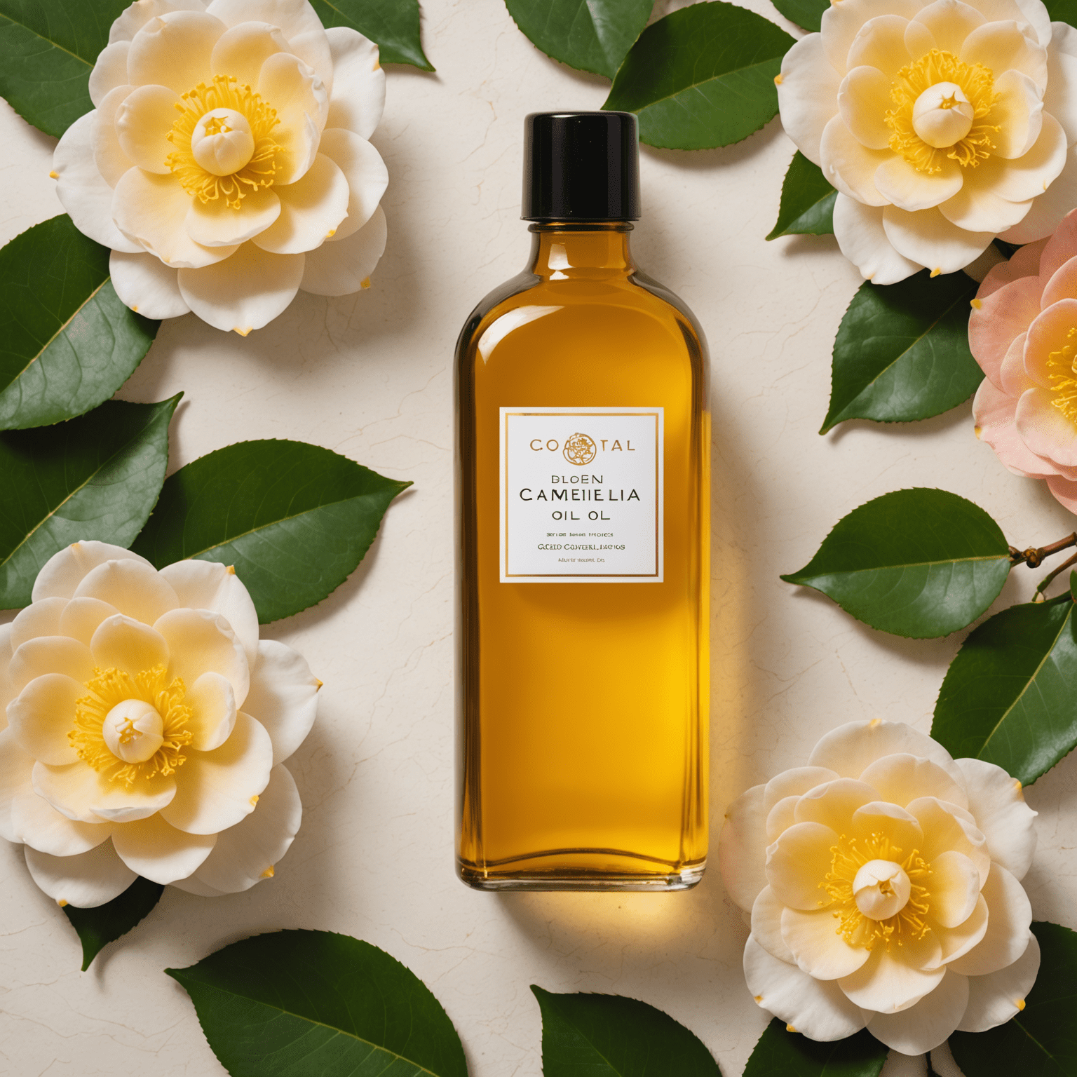 A bottle of golden camellia oil next to fresh camellia flowers, showcasing the natural beauty of this Japanese hair care ingredient