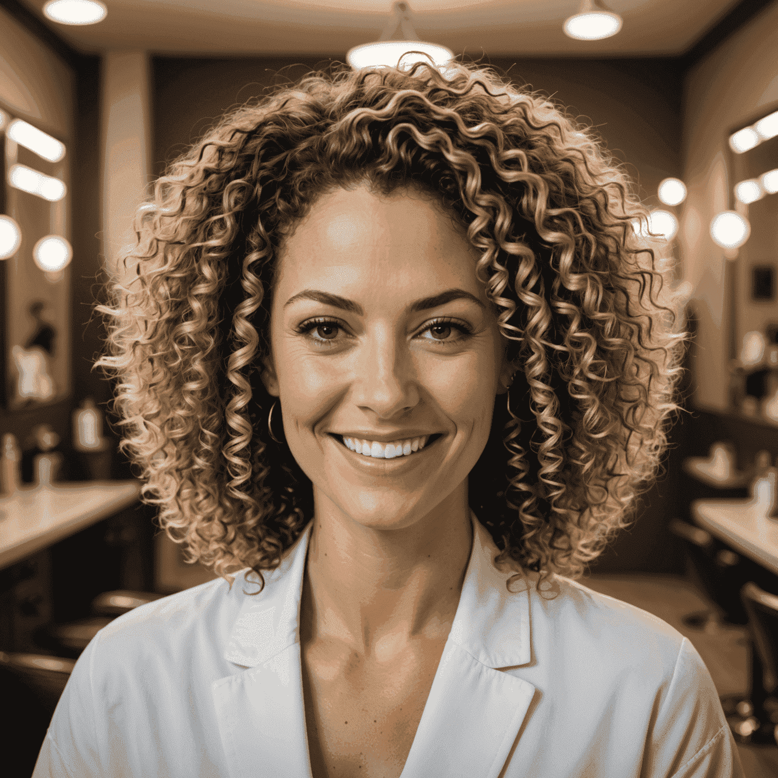 Portrait of Sarah Johnson, a Caucasian trichologist with curly hair, smiling confidently in a stylish salon environment.