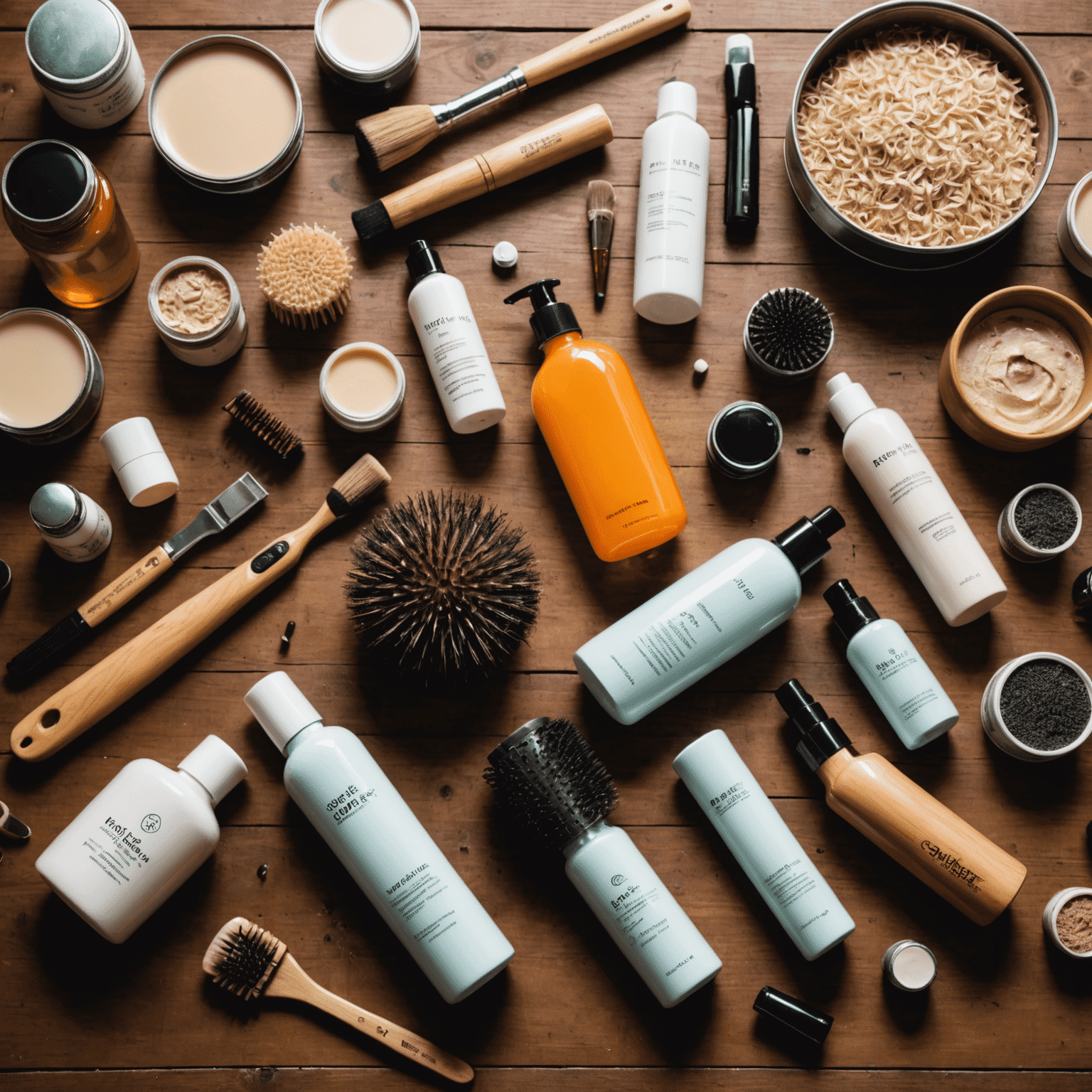 Various hair care tools and products scattered on a wooden surface, with a mirror reflecting common hair care mistakes