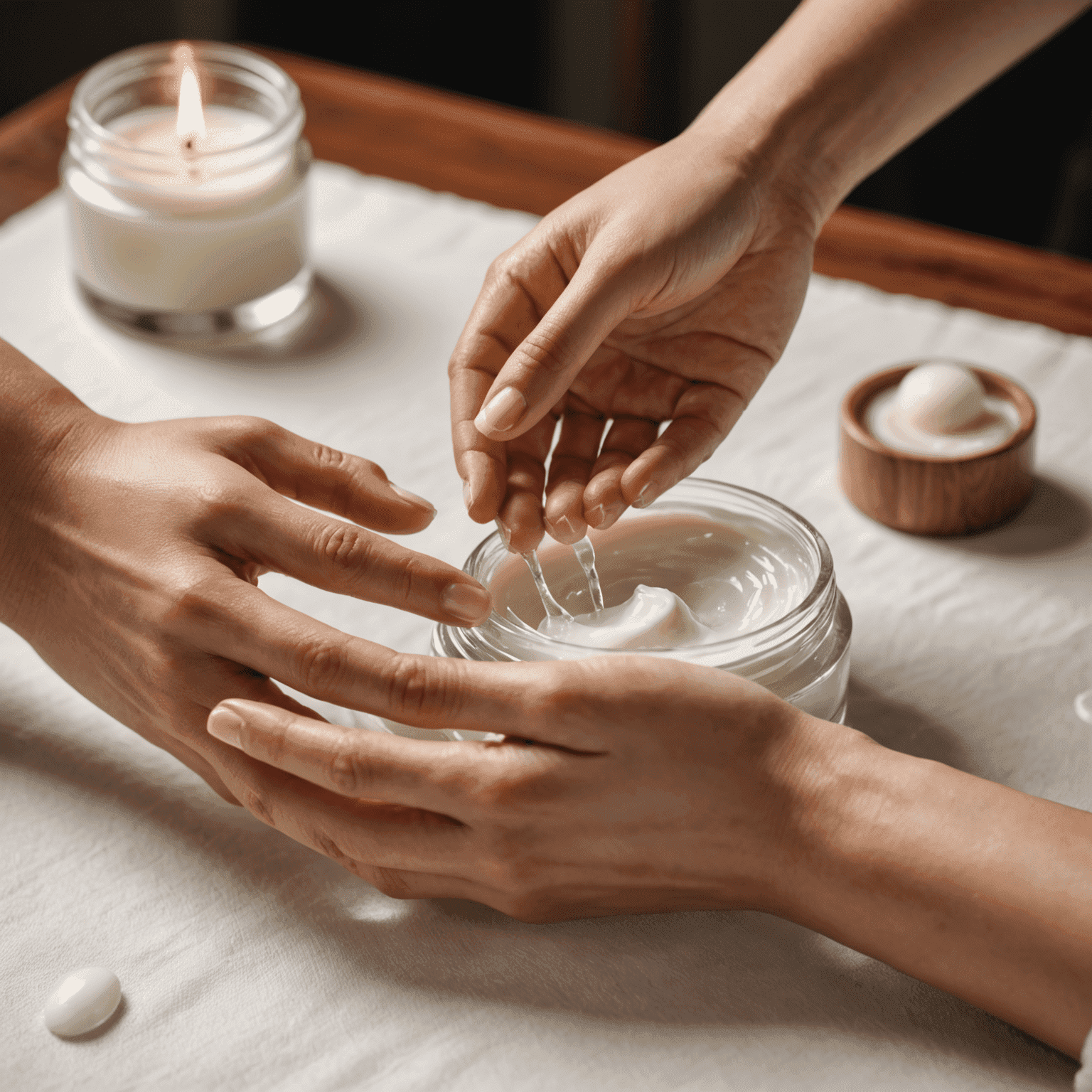 Close-up of hands applying a clear essence to glowing skin, with Japanese skincare products in the background