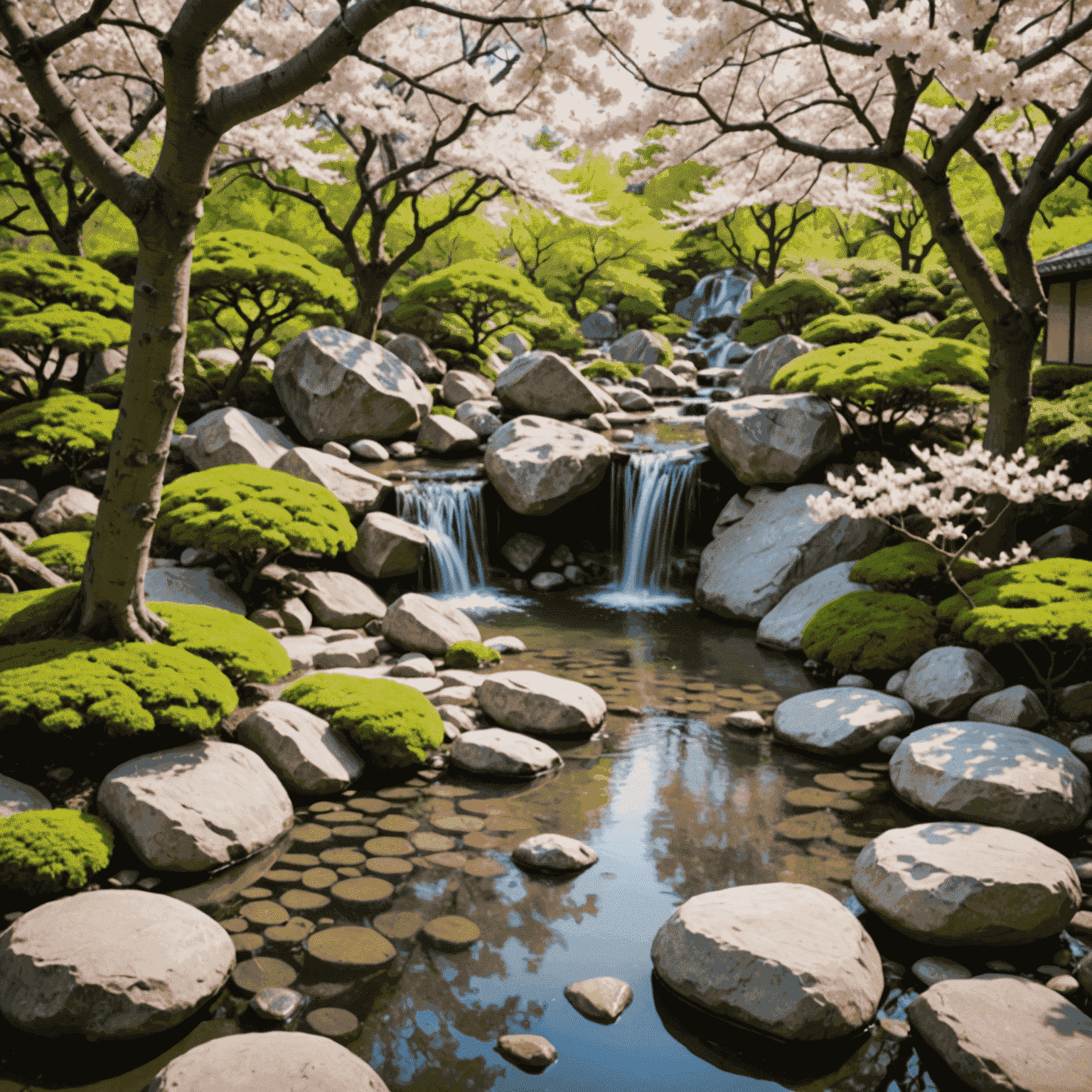 A serene Japanese garden with a small waterfall, surrounded by cherry blossom trees and smooth stones, symbolizing the natural and harmonious approach of Japanese skincare