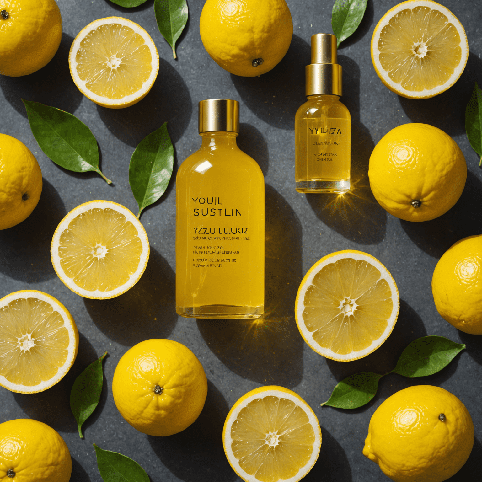 Fresh yuzu fruits cut in half, revealing their bright yellow flesh, next to a bottle of yuzu-infused hair serum