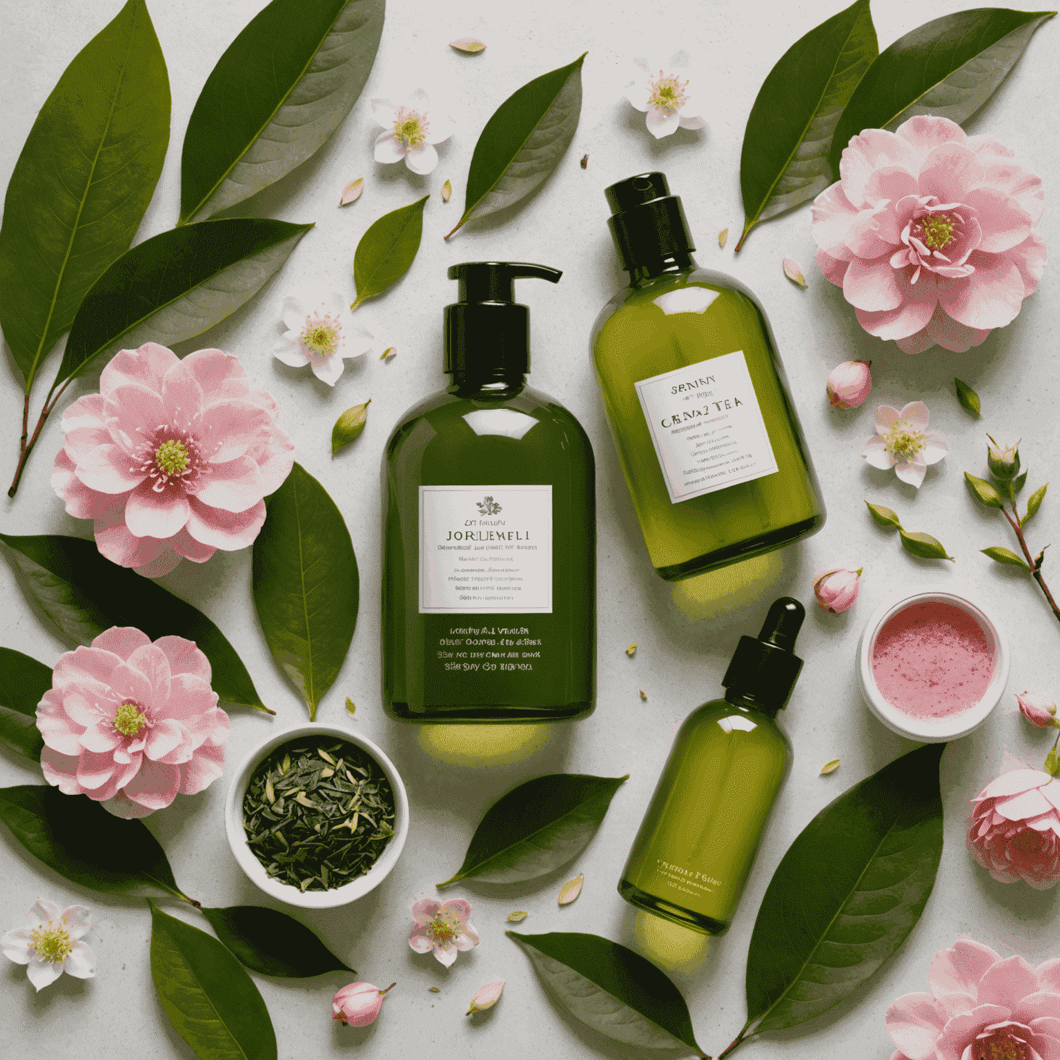 A collection of natural skincare ingredients sourced from Japan, including green tea leaves, rice water, camellia oil, and cherry blossom extract. The image showcases these ingredients in their raw form, emphasizing their purity and organic nature.