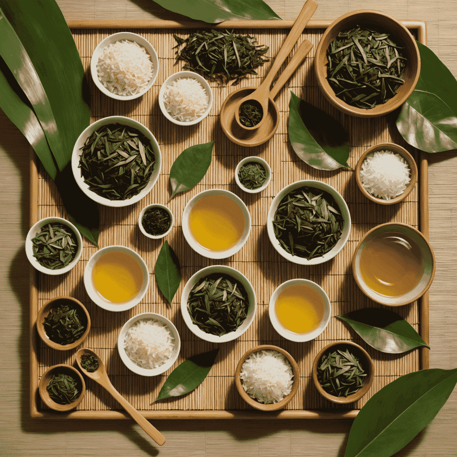 A variety of natural skincare ingredients like green tea, rice, seaweed, and camellia oil arranged on bamboo mats