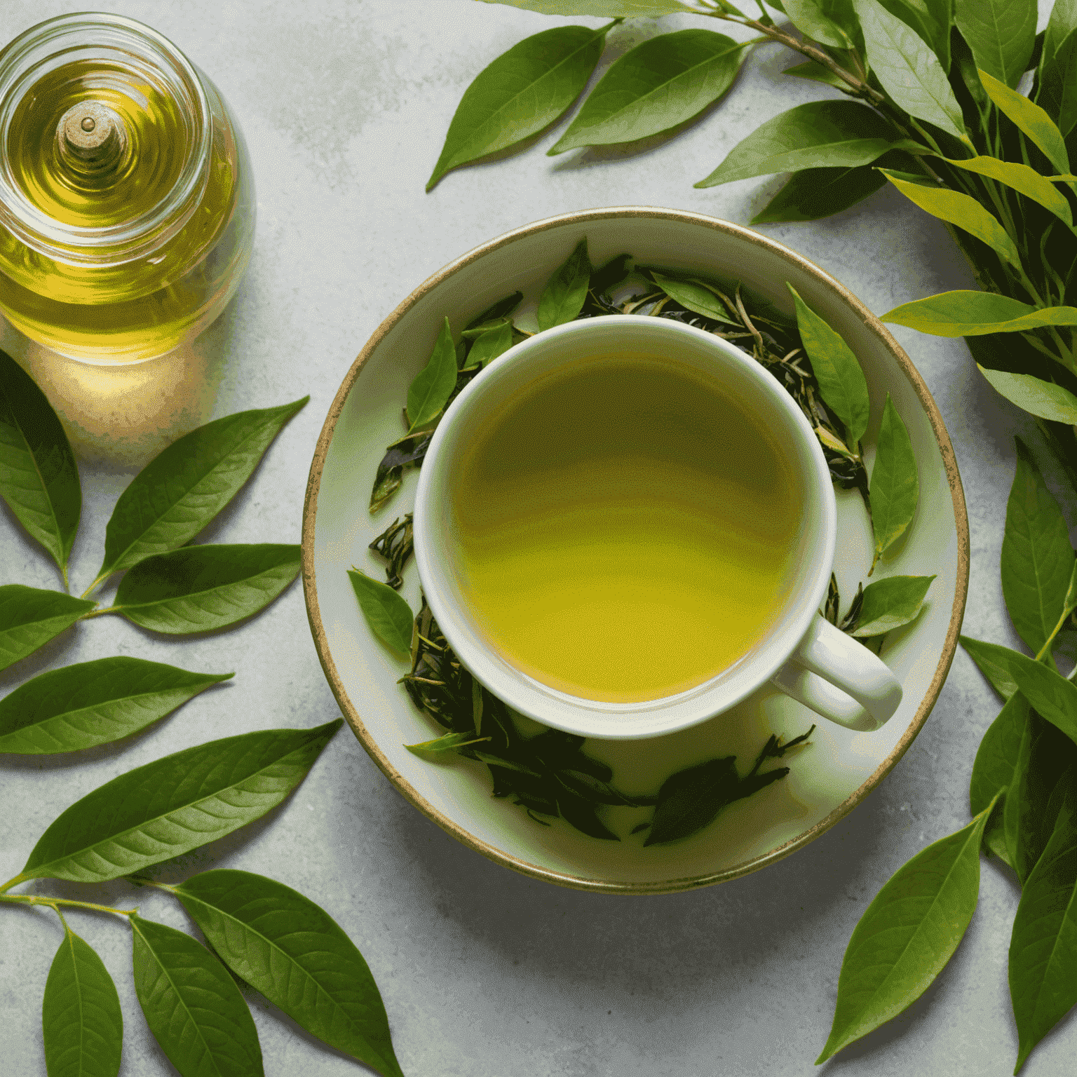 A steaming cup of green tea surrounded by fresh green tea leaves and a bottle of green tea hair serum