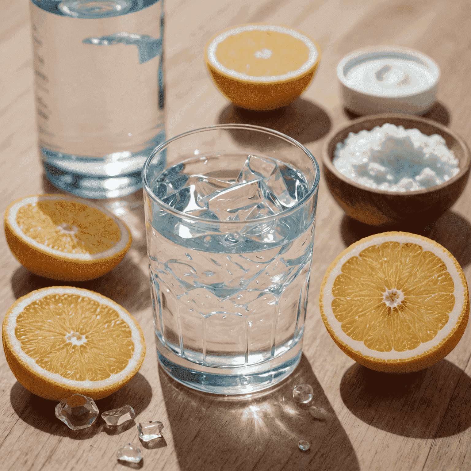 A close-up of dry, flaky skin next to hydrating skincare products and a glass of water