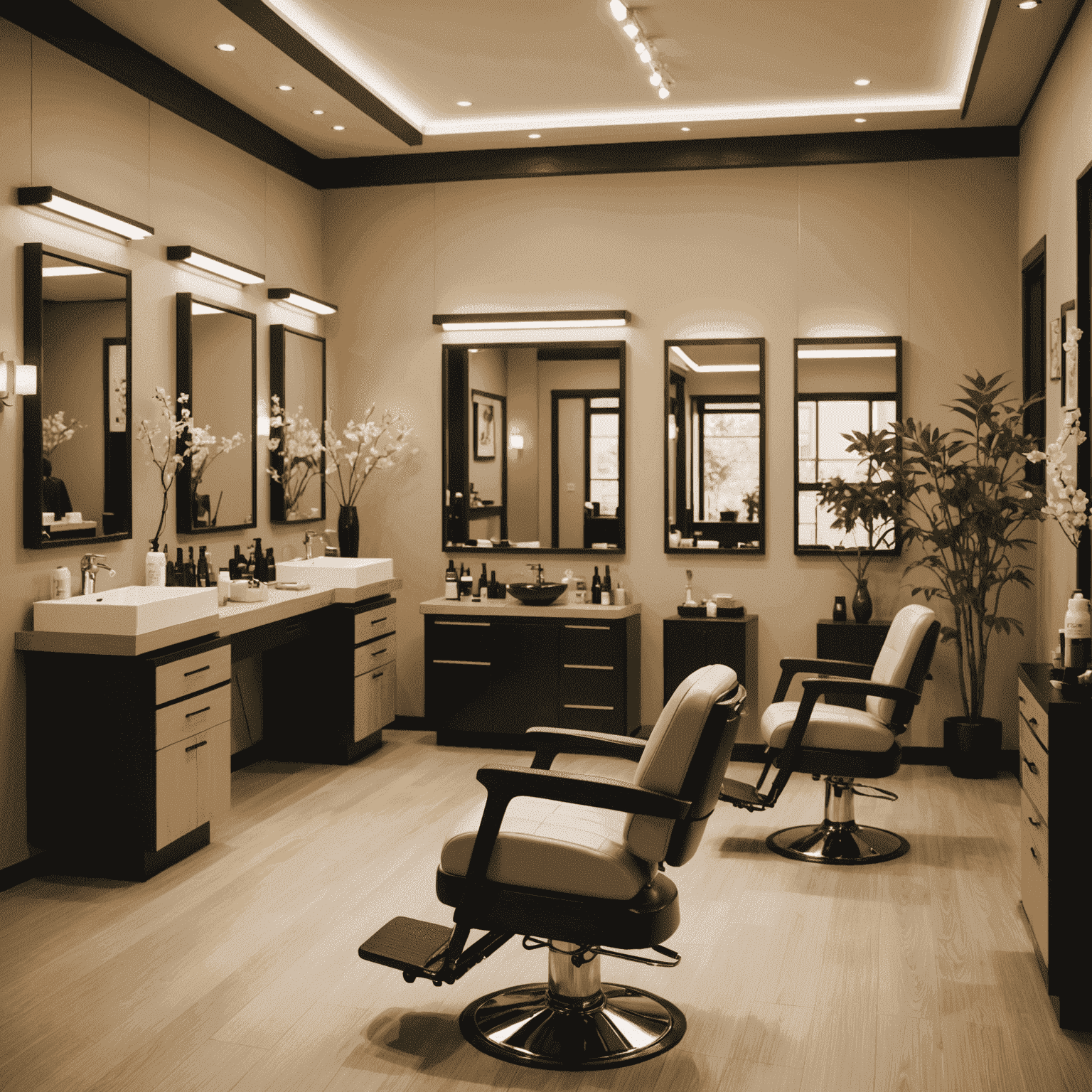 A Japanese salon interior with advanced hair treatment equipment and natural hair care products